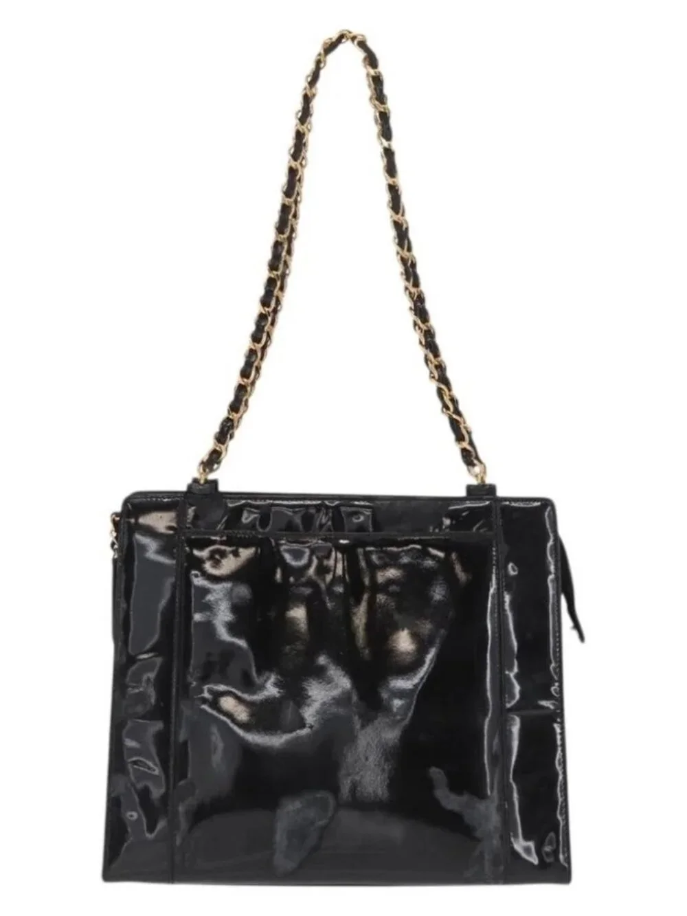 CHANEL Chain Shoulder Bag Patent leather Black CC Auth bs6435